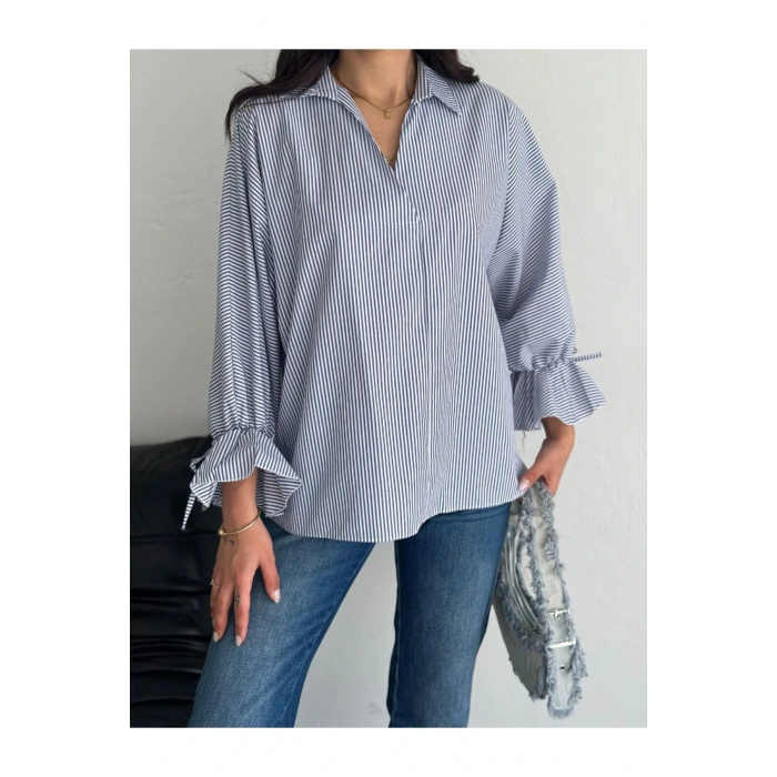 Çizgi Desenli Kolu Bağlamlı Gömlek