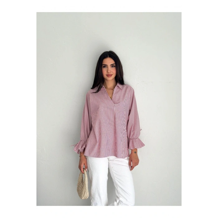 Çizgi Desenli Kolu Bağlamalı Bluz Gömlek