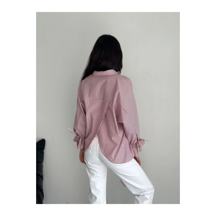 Çizgi Desenli Kolu Bağlamalı Bluz Gömlek