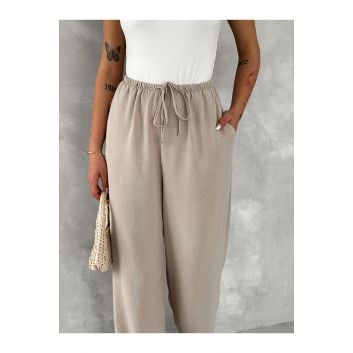Beli Lastikli Geniş Paça Kumaş Pantolon