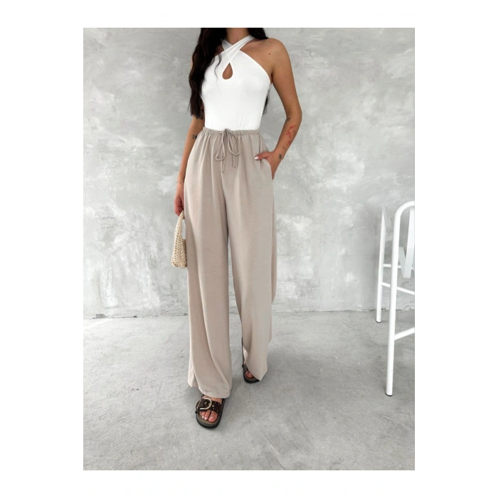 Beli Lastikli Geniş Paça Kumaş Pantolon