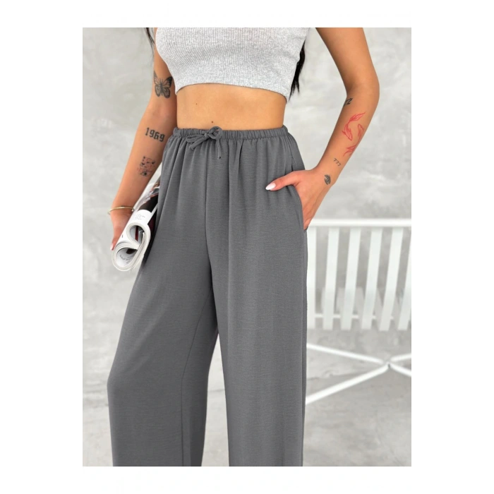 Beli Lastikli Geniş Paça Kumaş Pantolon