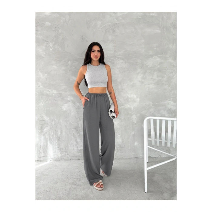 Beli Lastikli Geniş Paça Kumaş Pantolon