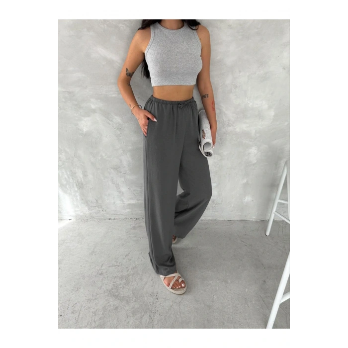 Beli Lastikli Geniş Paça Kumaş Pantolon