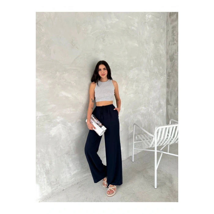 Beli Lastikli Geniş Paça Kumaş Pantolon