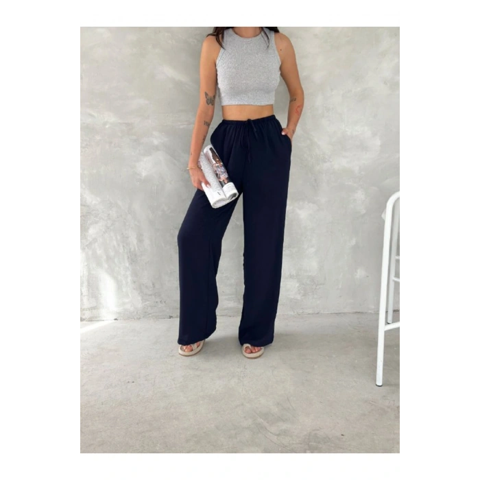 Beli Lastikli Geniş Paça Kumaş Pantolon