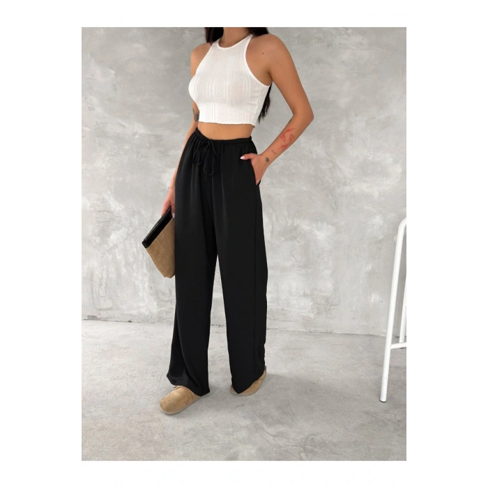 Beli Lastikli Geniş Paça Kumaş Pantolon
