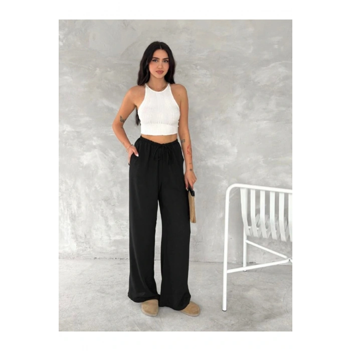 Beli Lastikli Geniş Paça Kumaş Pantolon