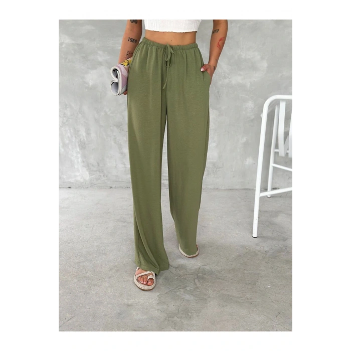 Beli Lastikli Geniş Paça Kumaş Pantolon