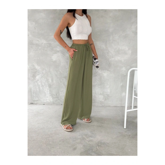 Beli Lastikli Geniş Paça Kumaş Pantolon