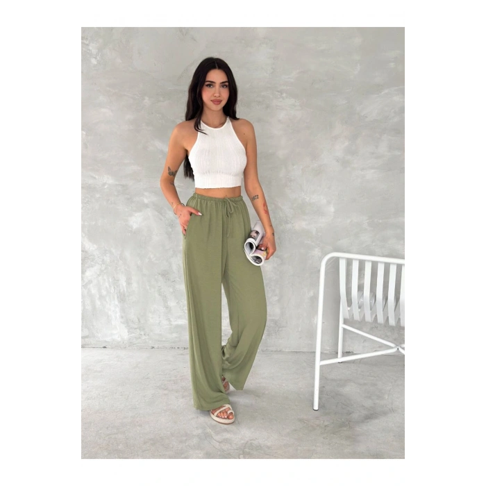 Beli Lastikli Geniş Paça Kumaş Pantolon