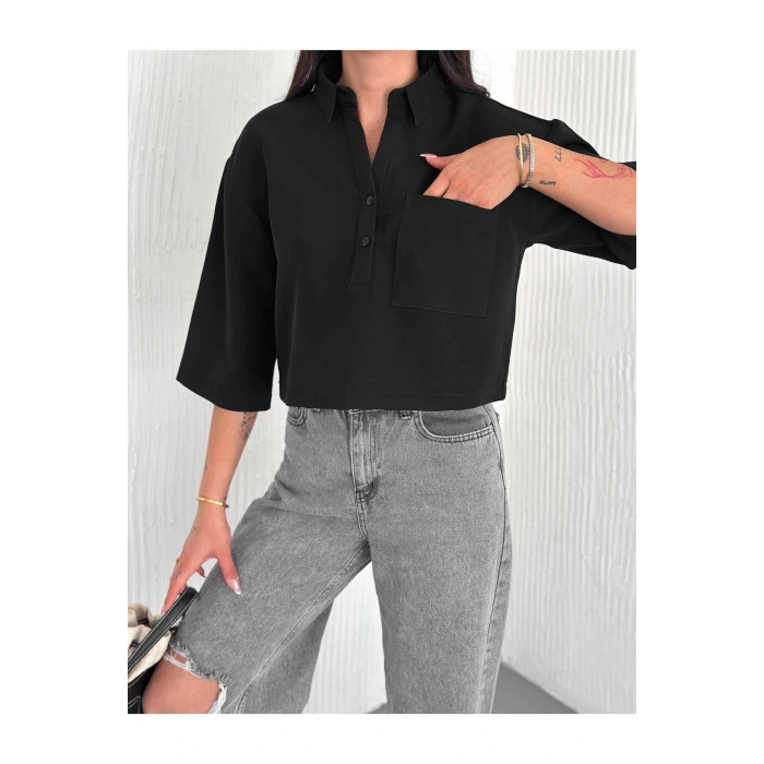 Cep Detaylı Gömlek Yakalı Crop