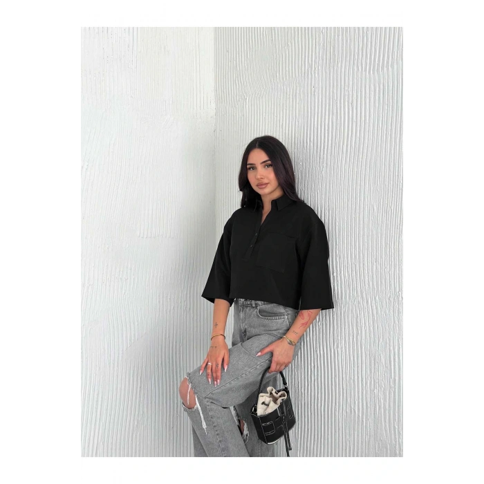 Cep Detaylı Gömlek Yakalı Crop