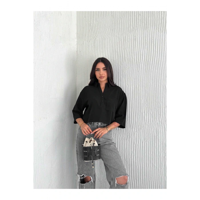 Cep Detaylı Gömlek Yakalı Crop