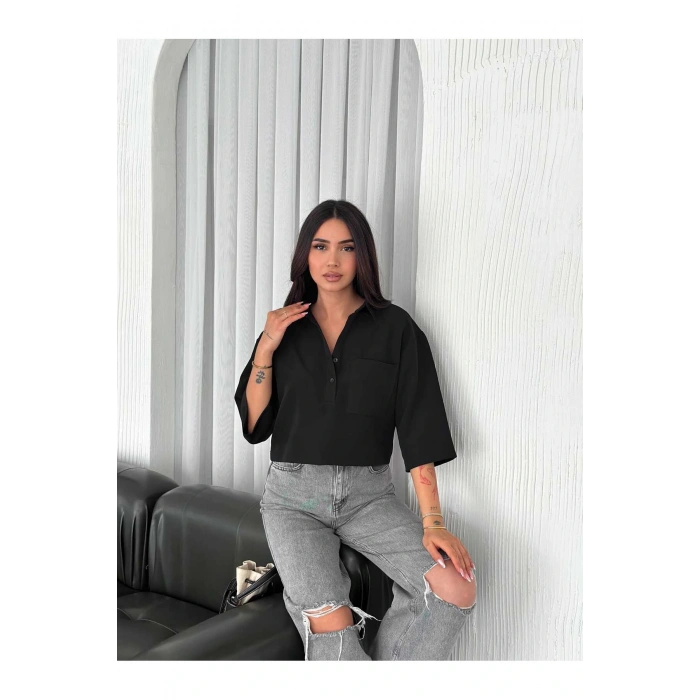 Cep Detaylı Gömlek Yakalı Crop