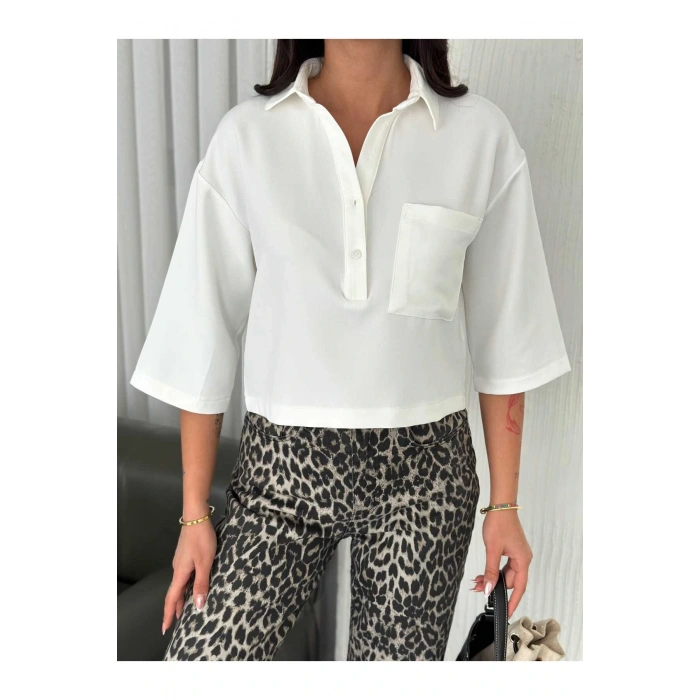 Cep Detaylı Gömlek Yakalı Crop
