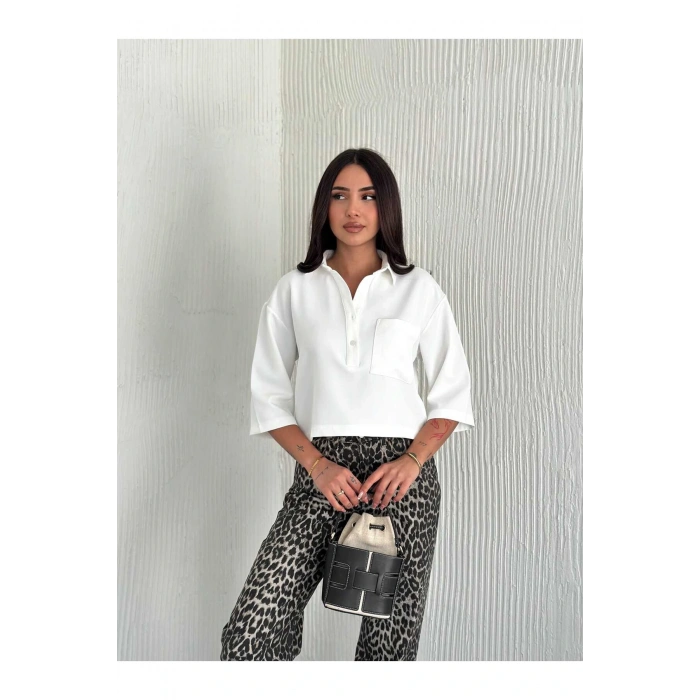 Cep Detaylı Gömlek Yakalı Crop