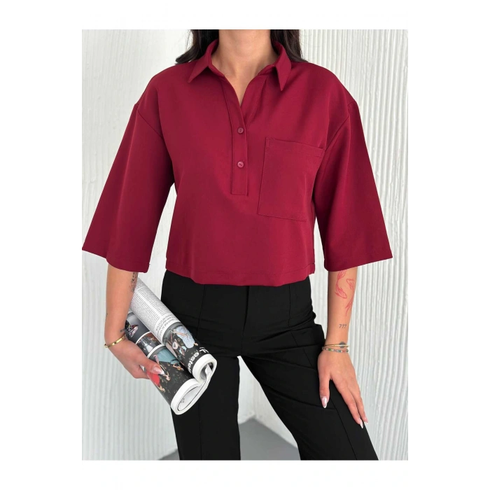 Cep Detaylı Gömlek Yakalı Crop