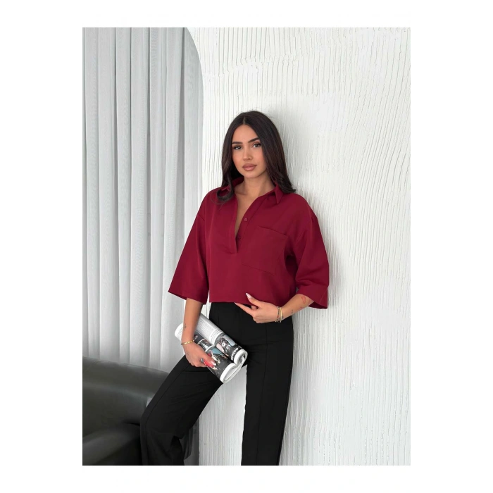 Cep Detaylı Gömlek Yakalı Crop