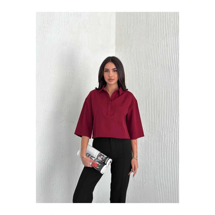 Cep Detaylı Gömlek Yakalı Crop