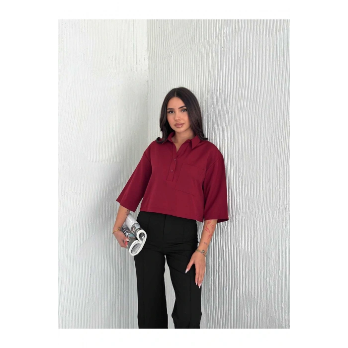 Cep Detaylı Gömlek Yakalı Crop