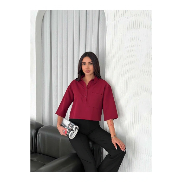 Cep Detaylı Gömlek Yakalı Crop