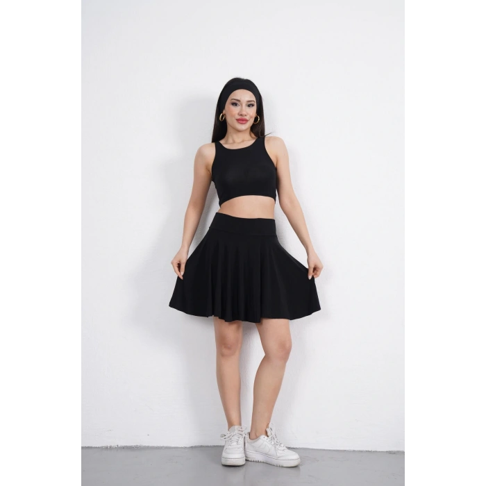 Sandy Kumaş Siyah Crop-şort Etek Ikili Takım