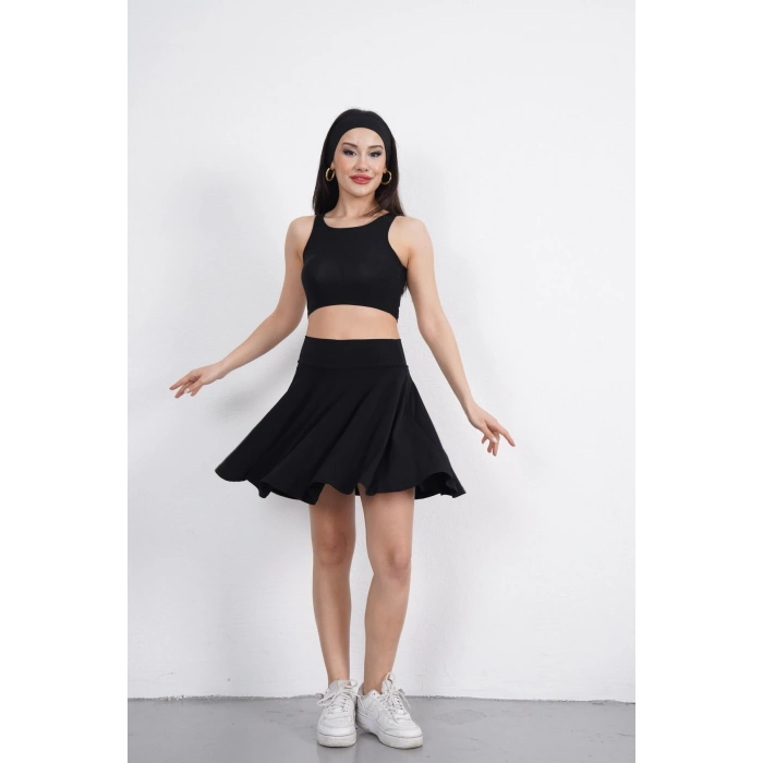 Sandy Kumaş Siyah Crop-şort Etek Ikili Takım