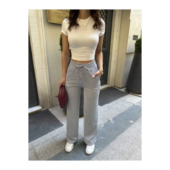 Çizgi Desenli Kumaş Pantolon