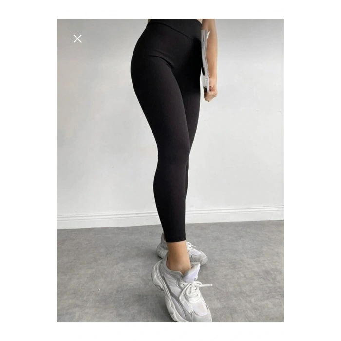 Siyah Fitilli Çizgili Tayt Yüksek Bel Dayanıklı Örme Kumaş Spor Tayt Toparlayıcı