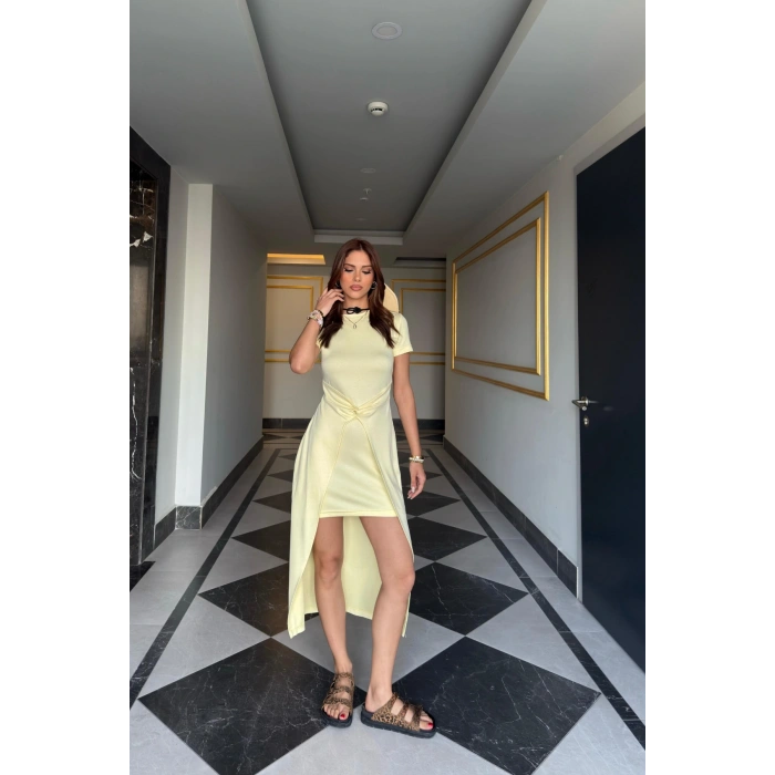 Arkası Uzun Bel Detaylı Elbise