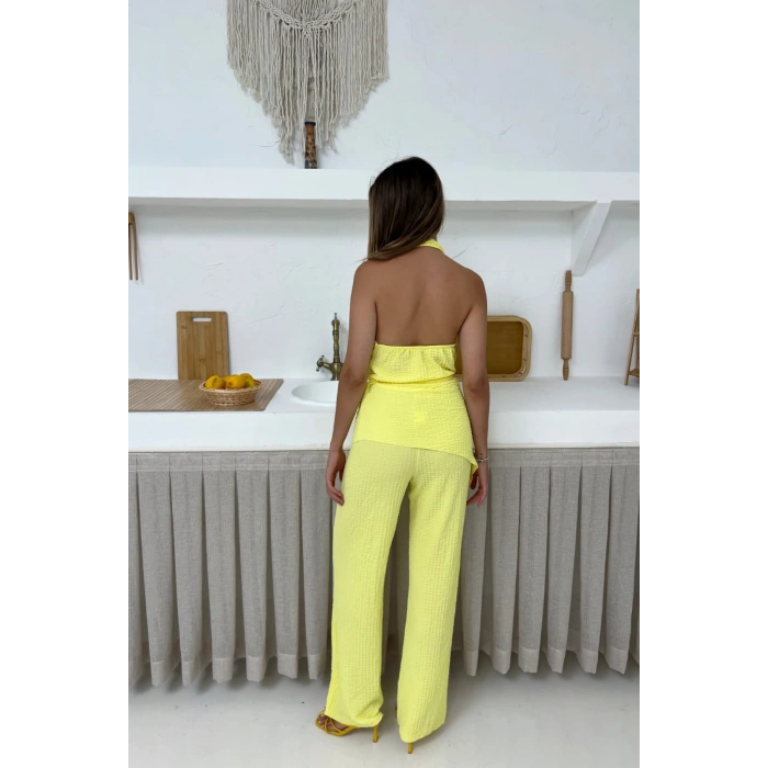 Kadın Sarı Degaje Yaka Sırt Dekolteli Bluz Pantolon Takım