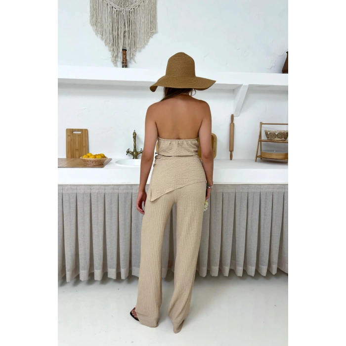 Kadın Bej Degaje Yaka Sırt Dekolteli Bluz Pantolon Takım