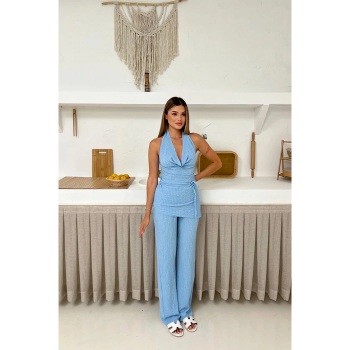 Kadın Mavi Degaje Yaka Sırt Dekolteli Bluz Pantolon Takım