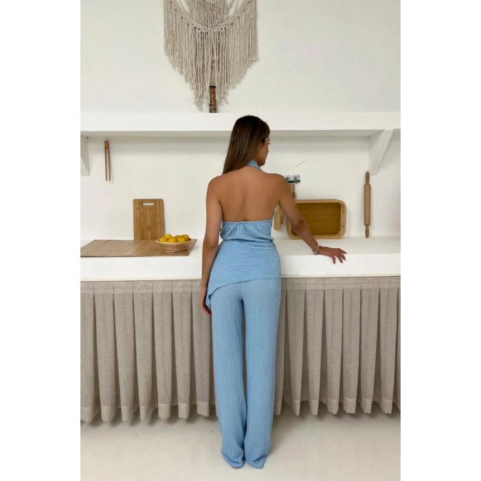 Kadın Mavi Degaje Yaka Sırt Dekolteli Bluz Pantolon Takım