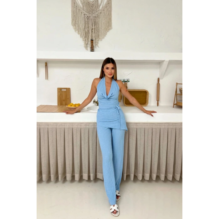 Kadın Mavi Degaje Yaka Sırt Dekolteli Bluz Pantolon Takım