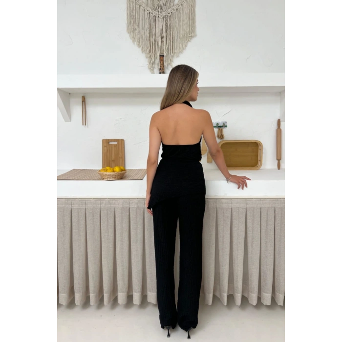 Kadın Siyah Degaje Yaka Sırt Dekolteli Bluz Pantolon Takım