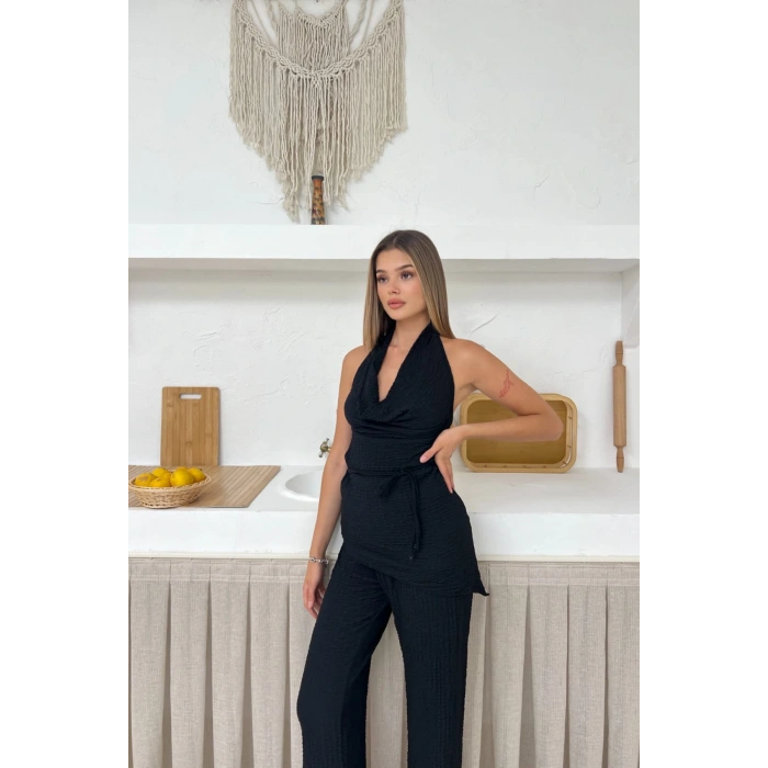 Kadın Siyah Degaje Yaka Sırt Dekolteli Bluz Pantolon Takım
