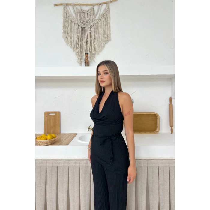 Kadın Siyah Degaje Yaka Sırt Dekolteli Bluz Pantolon Takım