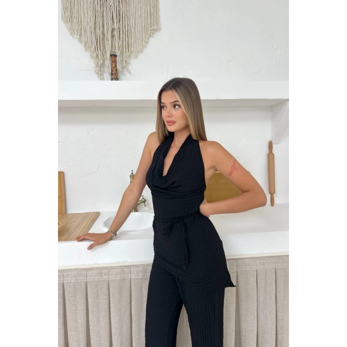 Kadın Siyah Degaje Yaka Sırt Dekolteli Bluz Pantolon Takım
