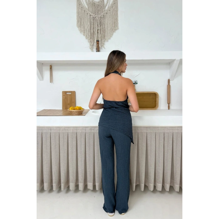 Kadın Antrasit Degaje Yaka Sırt Dekolteli Bluz Pantolon Takım