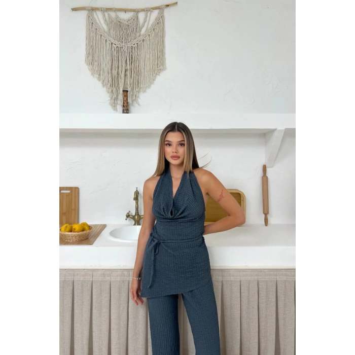 Kadın Antrasit Degaje Yaka Sırt Dekolteli Bluz Pantolon Takım