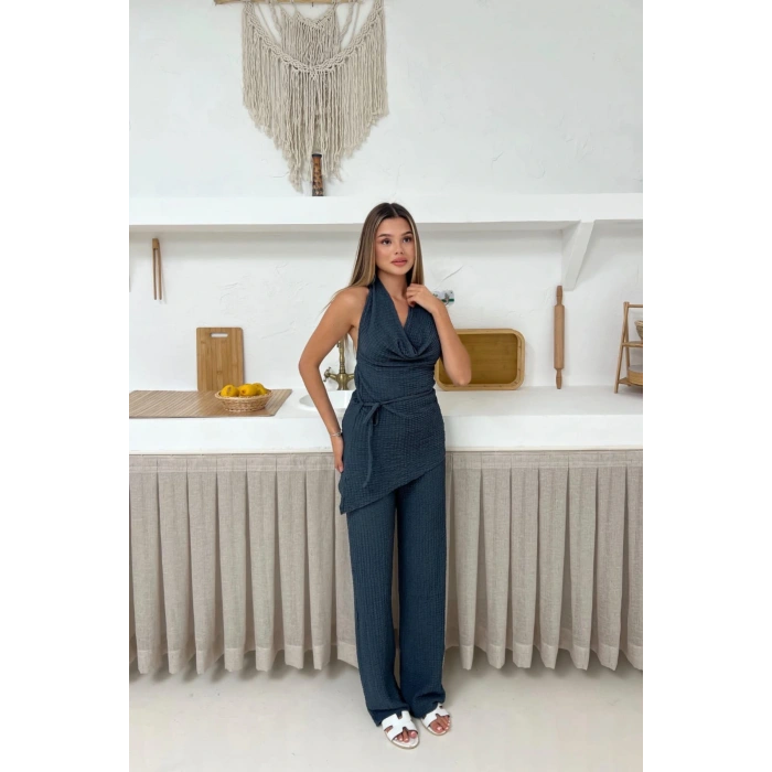Kadın Antrasit Degaje Yaka Sırt Dekolteli Bluz Pantolon Takım