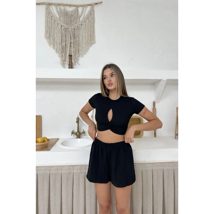 Kadın Bubble Kumaş Göğüs Dekolteli Crop