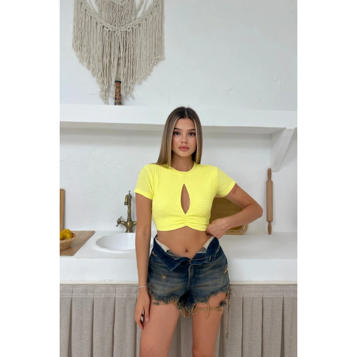 Kadın Bubble Kumaş Göğüs Dekolteli Crop