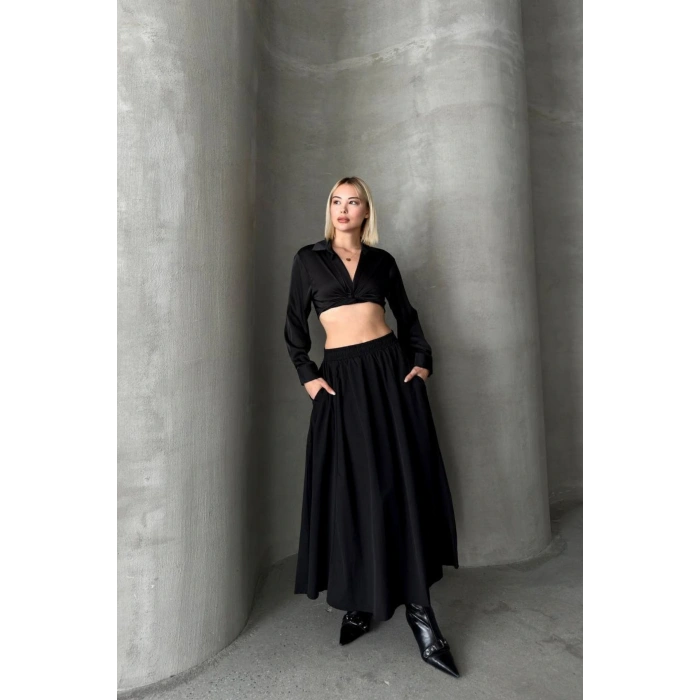 Kadın Beli Lastikli Cepli Kloş Etek