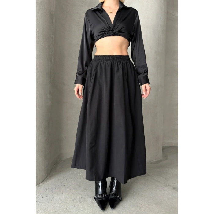 Kadın Beli Lastikli Cepli Kloş Etek