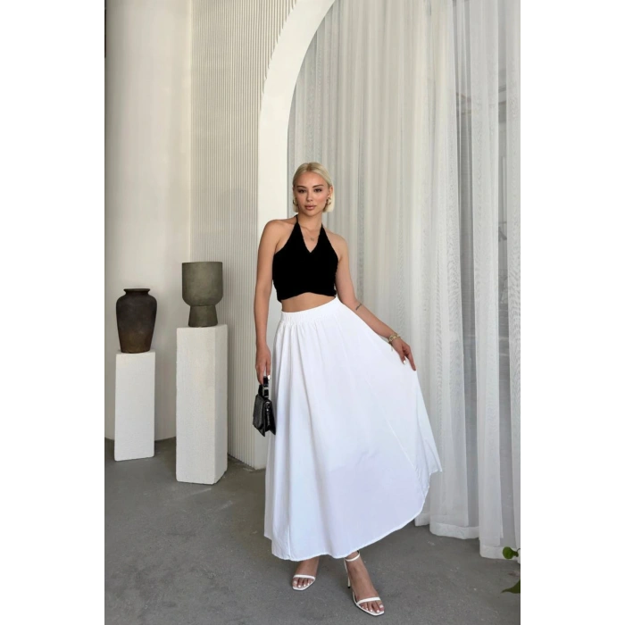 Kadın Beli Lastikli Cepli Kloş Etek