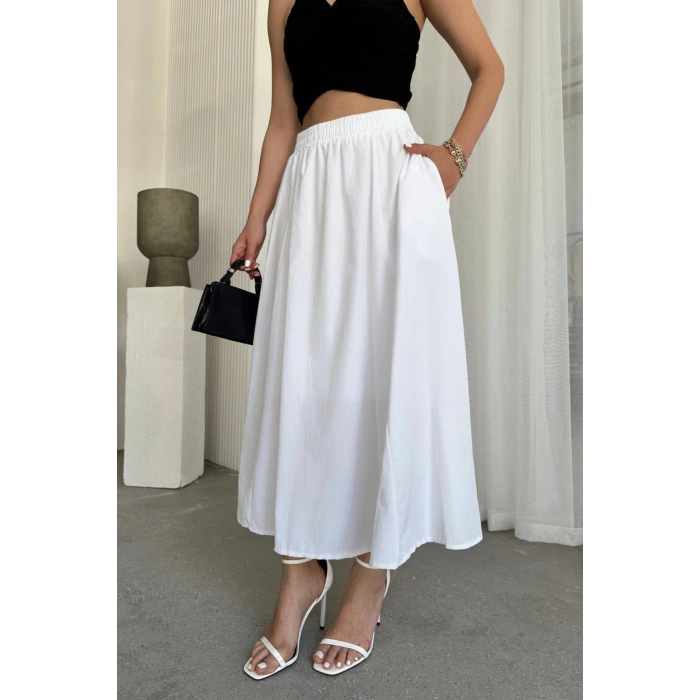 Kadın Beli Lastikli Cepli Kloş Etek