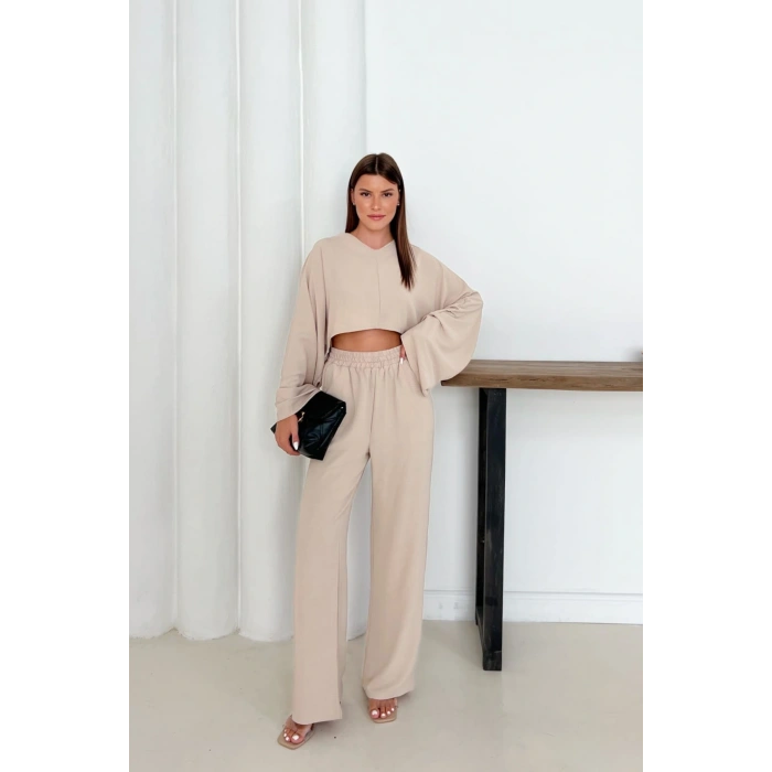 Kadın Bej Yarasa Kol Alt Üst Keten Takım